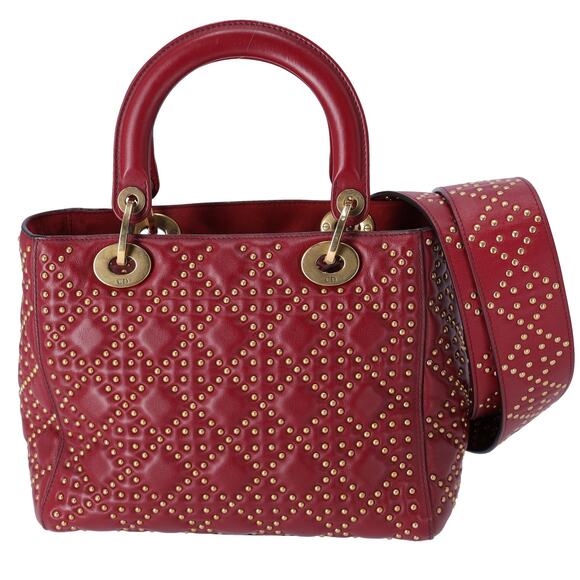 Christian Dior Lady Dior Medium Bag Handbag Red Leather Studded - Picture 3 of 6